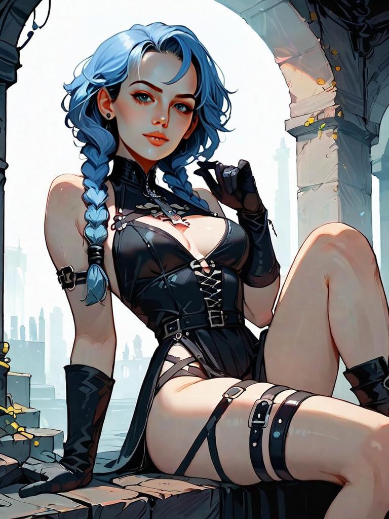 Stylish Blue-Haired Woman in Black Leather Outfit Sitting by Stone Arches Digital Art
