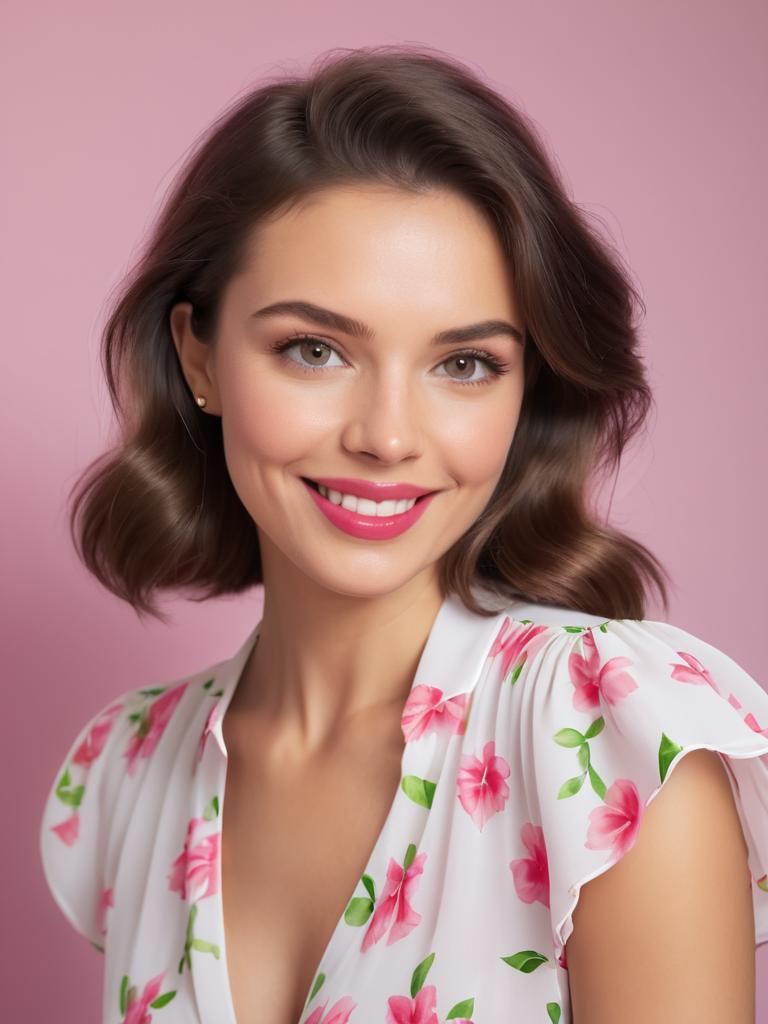 Smiling Woman in Floral Blouse Against Pink Background