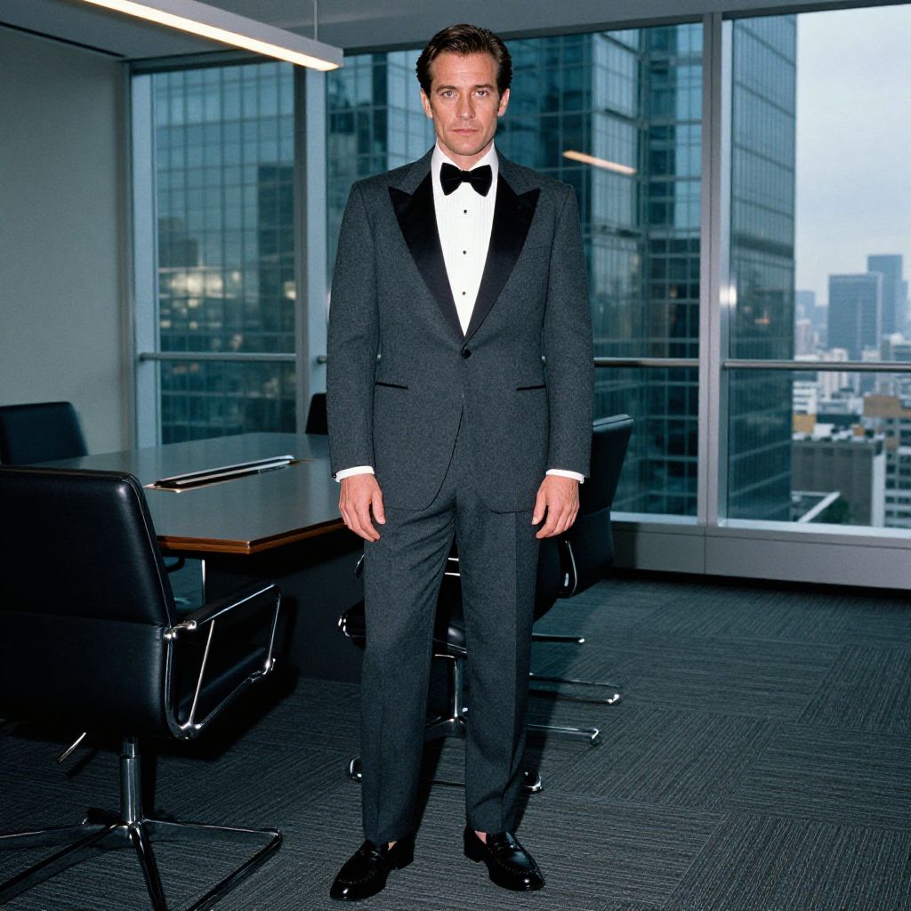 Man in Elegant Dark Grey Tuxedo Standing in Modern Office with City View