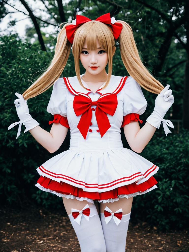 Anime Style Woman in Red and White Sailor Uniform Cosplay Outdoors