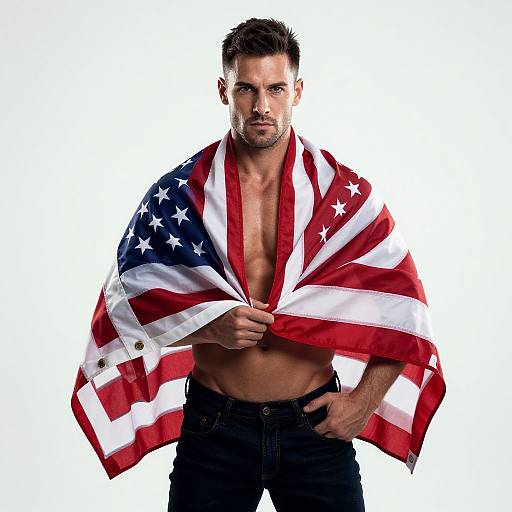 Confident Shirtless Man Draped in American Flag Standing Against Light Background