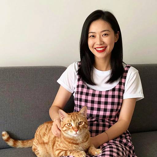 Smiling Young Woman in Pink Checkered Dress with Orange Tabby Cat at Home
