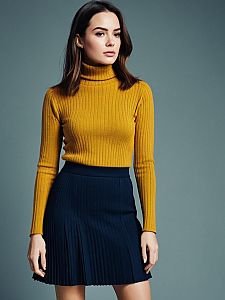 Modern Woman in Mustard Ribbed Turtleneck and Navy Pleated Skirt