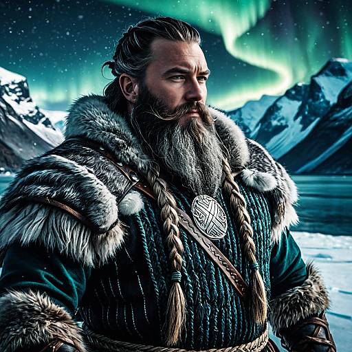 Viking Man in Fur Cloak with Northern Lights and Snowy Mountains