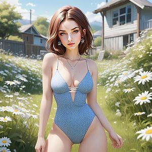 Young Woman in Polka-Dotted Swimsuit in Meadow