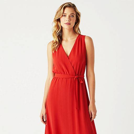 Woman in Elegant Red Sleeveless Wrap Dress