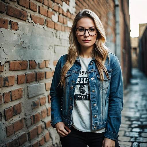 Young Woman Wearing Denim Jacket and Glasses in Urban Alley