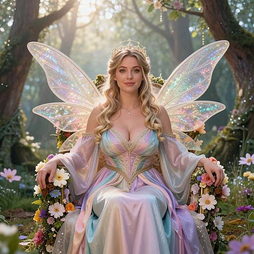 Fairy Queen with Iridescent Wings and Floral Throne in Enchanted Forest