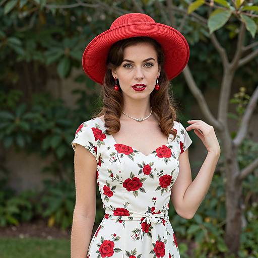 Vintage Floral Dress Woman in Red Hat Outdoors