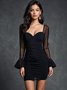 Woman in Modern Black Body-Hugging Mini Dress with Sweetheart Neckline