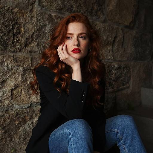 Red-Haired Woman in Black Blazer Sitting Against Stone Wall