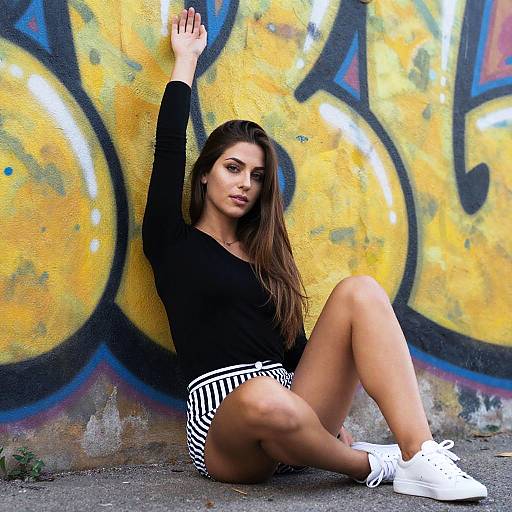 Young Woman in Urban Outfit Posing by Yellow Graffiti Wall