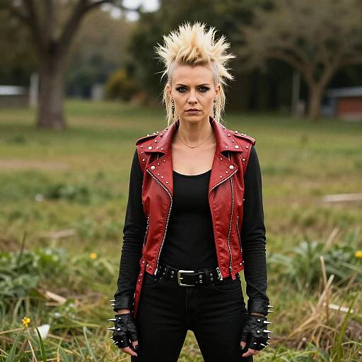 Edgy Punk Rock Woman with Spiked Red Leather Vest Outdoors