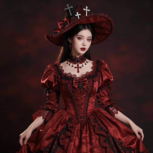 Elegant Gothic Victorian Woman in Dark Red Dress and Hat