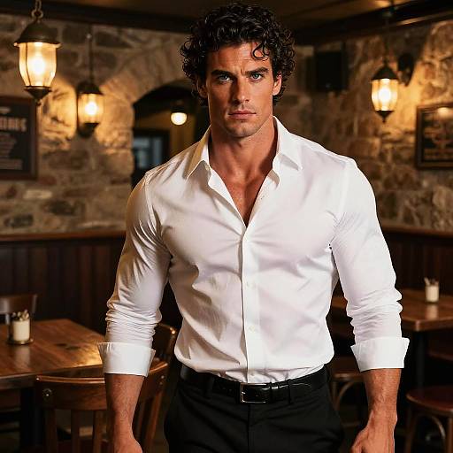 Confident Curly-Haired Man in White Shirt Inside Rustic Restaurant