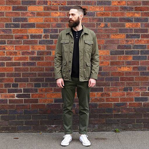 Bearded Man in Olive Green Outfit Standing Against Red Brick Wall
