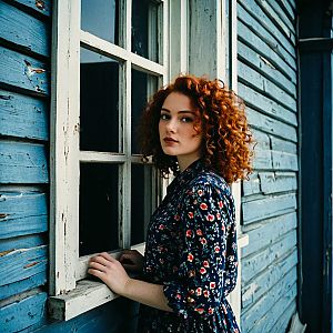 Thoughtful Young Woman by Blue Wall