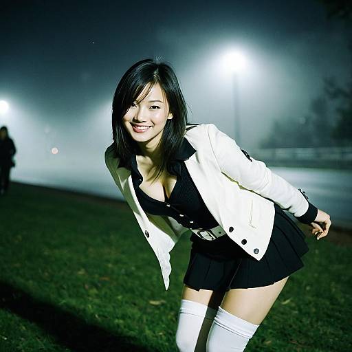 Young Woman Smiling Outdoors at Night in Stylish Black Dress and White Jacket
