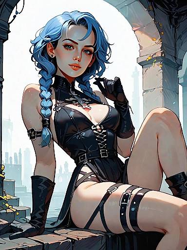 Stylish Blue-Haired Woman in Black Leather Outfit Sitting by Stone Arches Digital Art