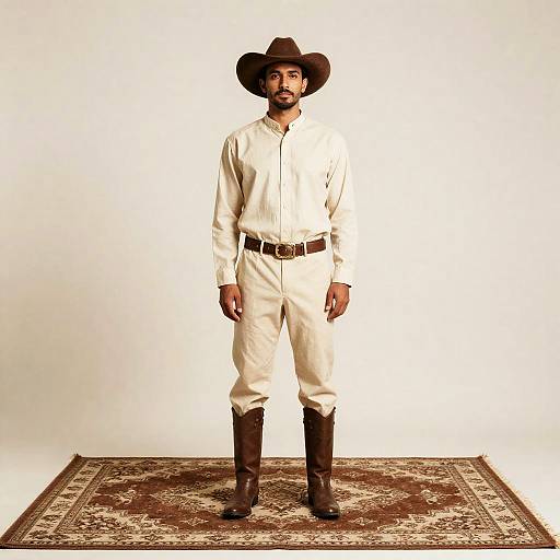 Man in Simple Western Costume Standing in Minimalist Room