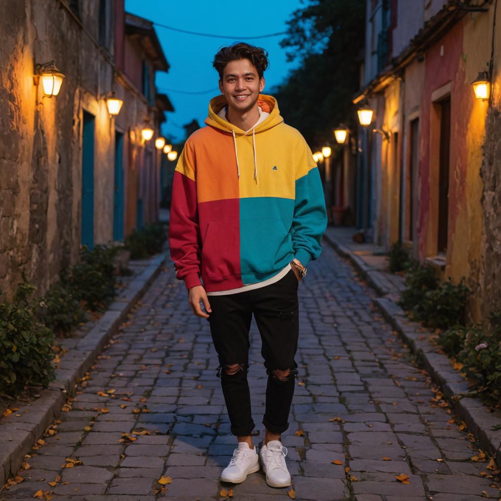 Confident Man in Colorful Hoodie on Cobblestone Street