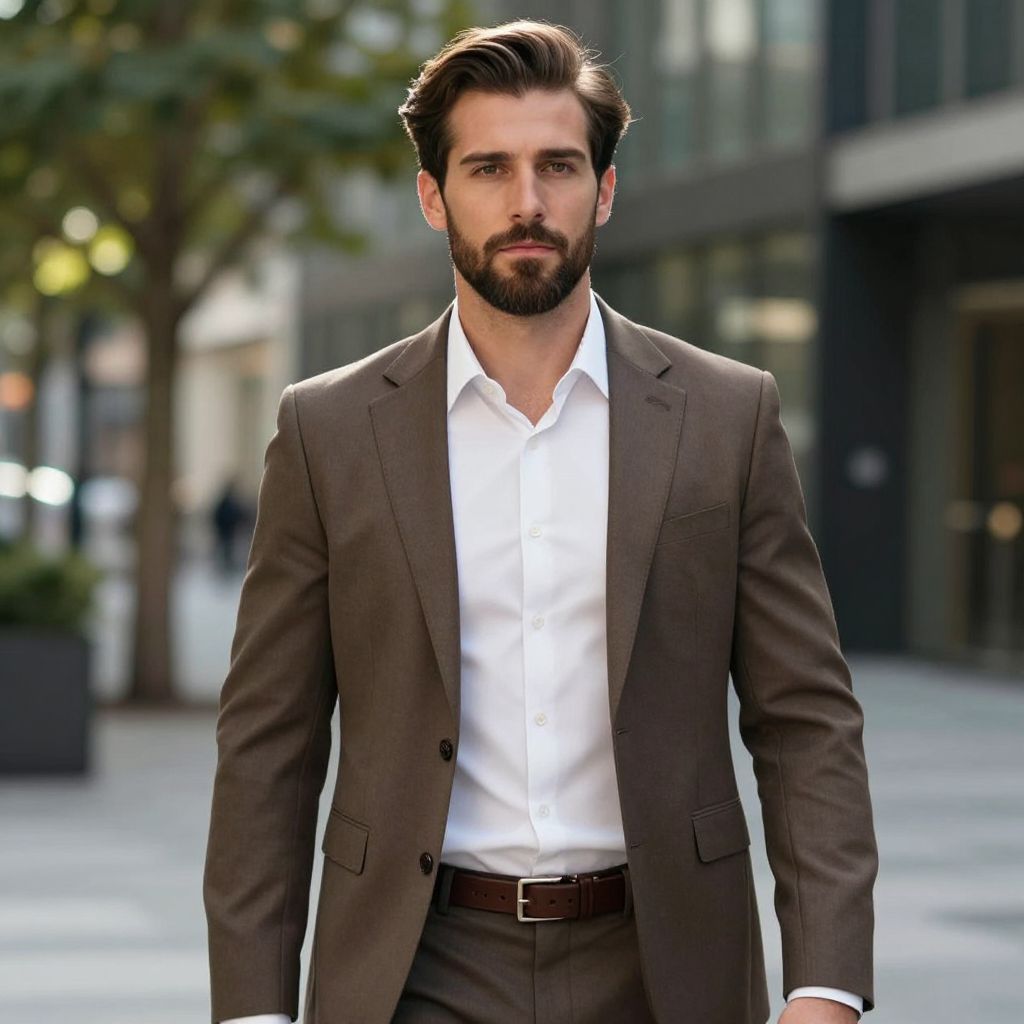 Confident Man in Brown Suit Walking Outdoors in Urban Setting