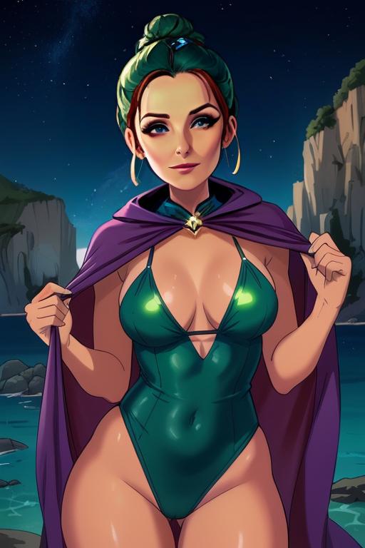 Fantasy Woman in Green Swimsuit with Purple Cape by the Sea at Night Fantasy Woman in Green Swimsuit with Purple Cape by the Sea at Night