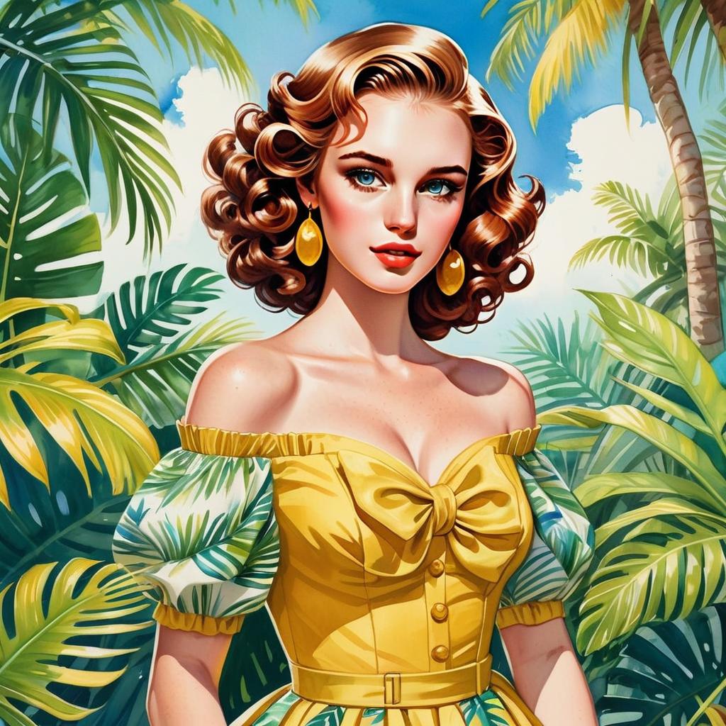 Woman in Vintage Hair and Yellow Dress in Tropical Setting