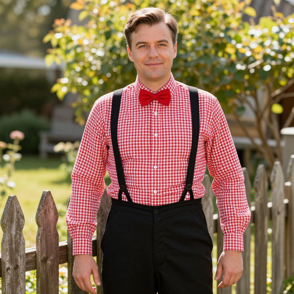 Man Wearing Red Checkered Shirt with Suspenders and Bow Tie Outdoors