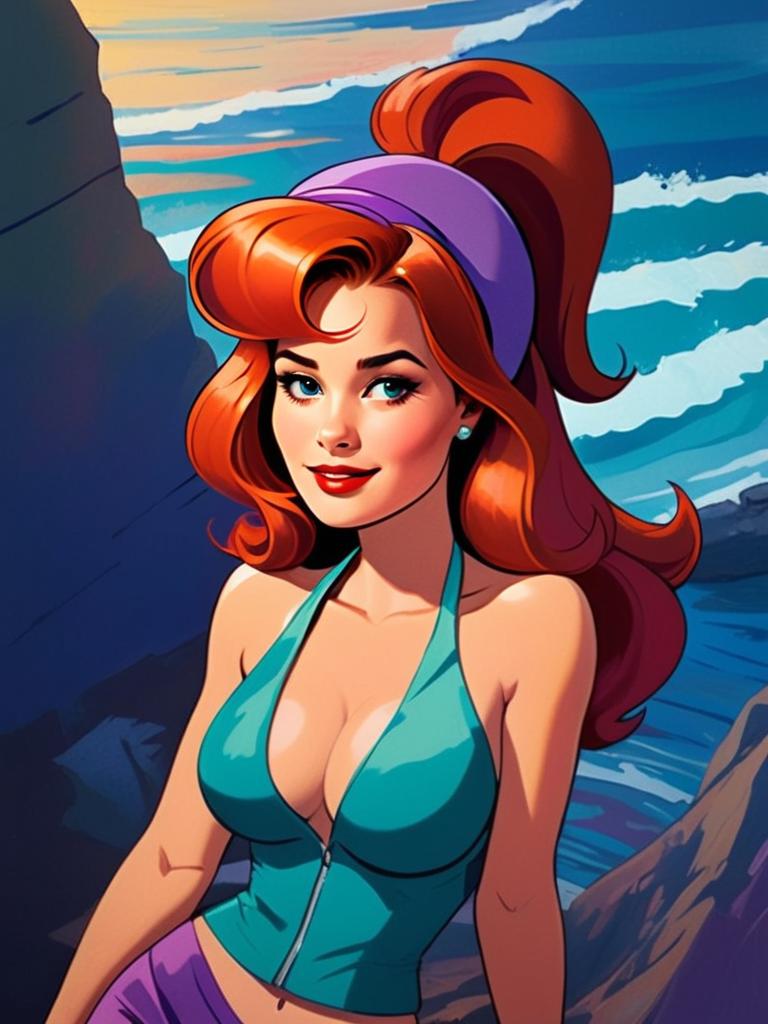 Stylized Digital Illustration of a Woman by the Ocean with Red Hair and Teal Top