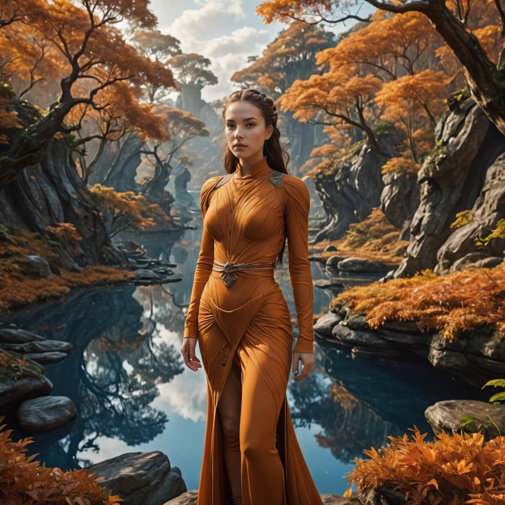 Elegant Woman in Autumn Forest by Tranquil River