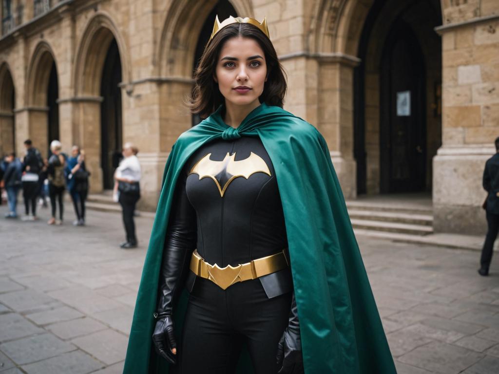 Heroic Woman in Batman-Inspired Costume with Green Cape