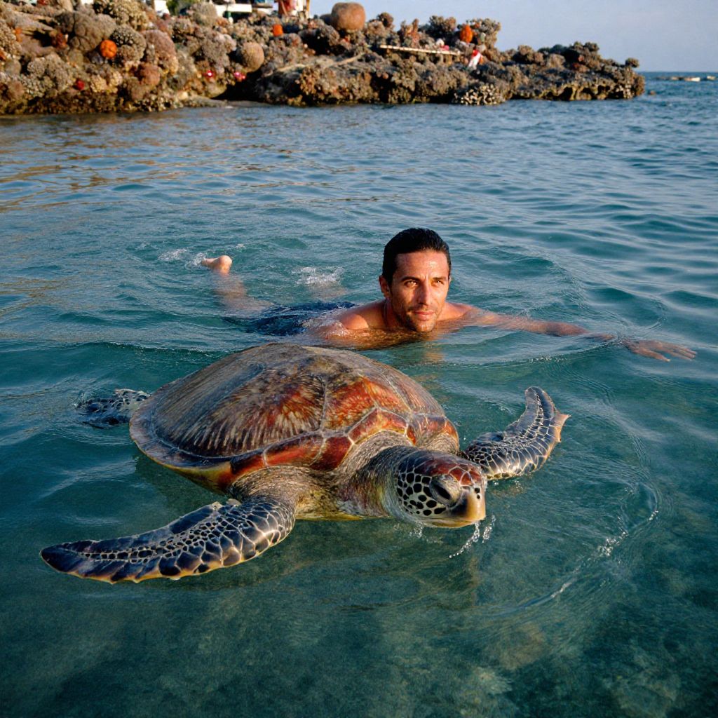 Man Swimming with Sea Turtle in Clear Coastal Water