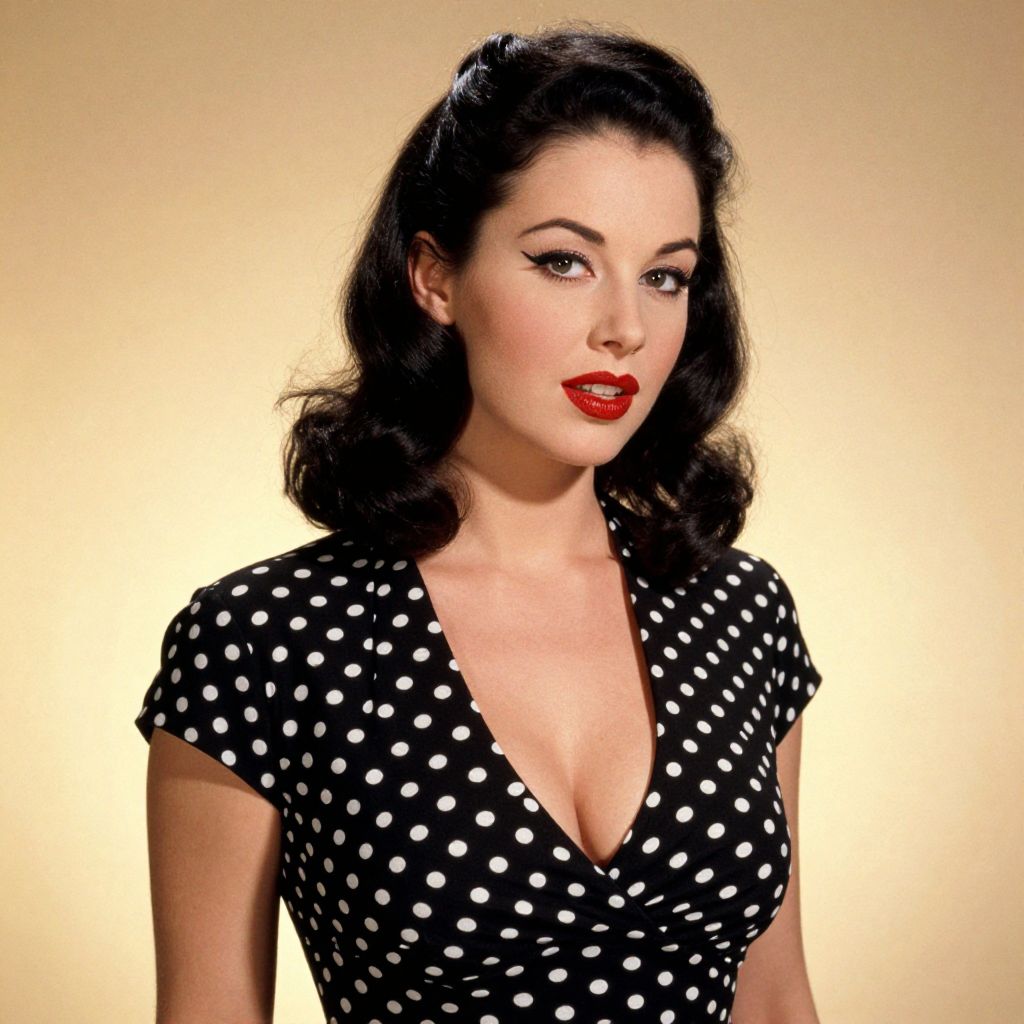 Vintage Style Woman in Black Polka Dot Dress with Red Lipstick