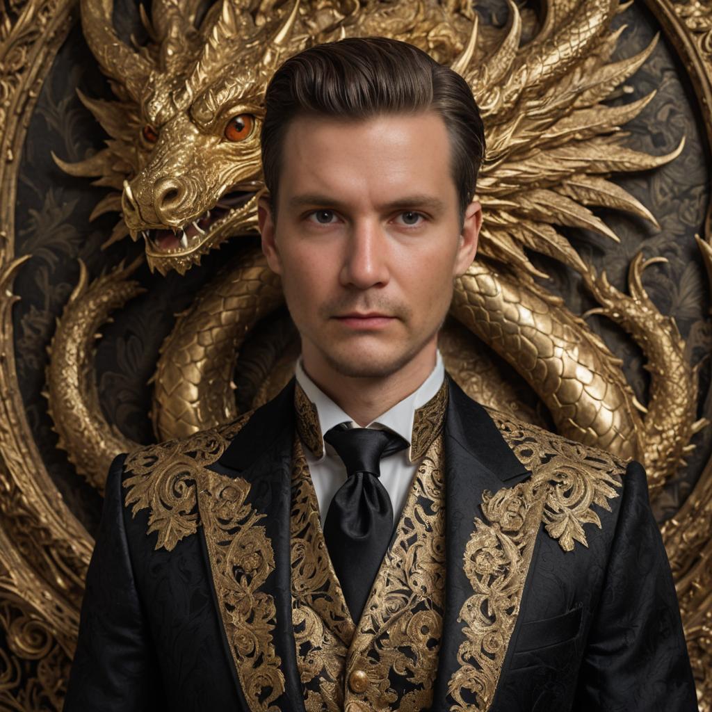 Man in Elegant Black and Gold Jacket with Golden Dragon Sculpture