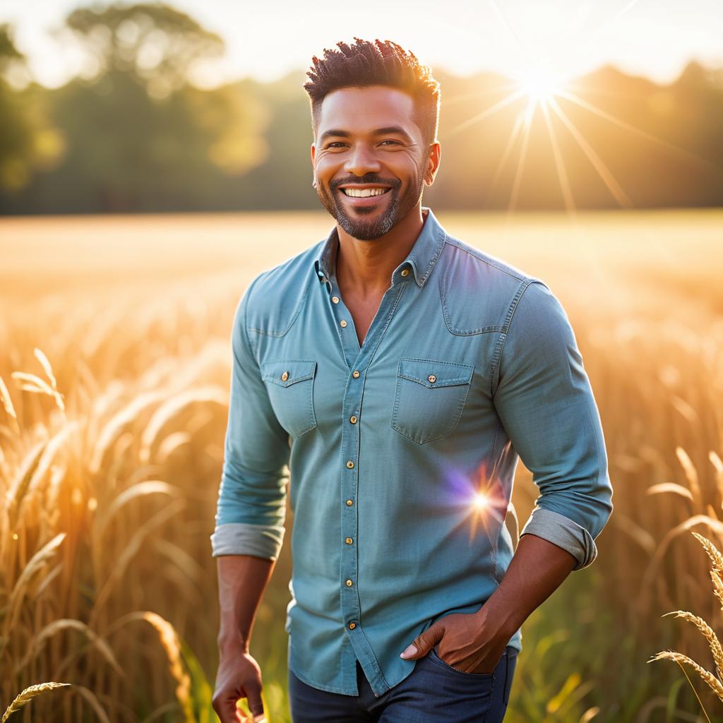 Confident man in wheat field at golden hour