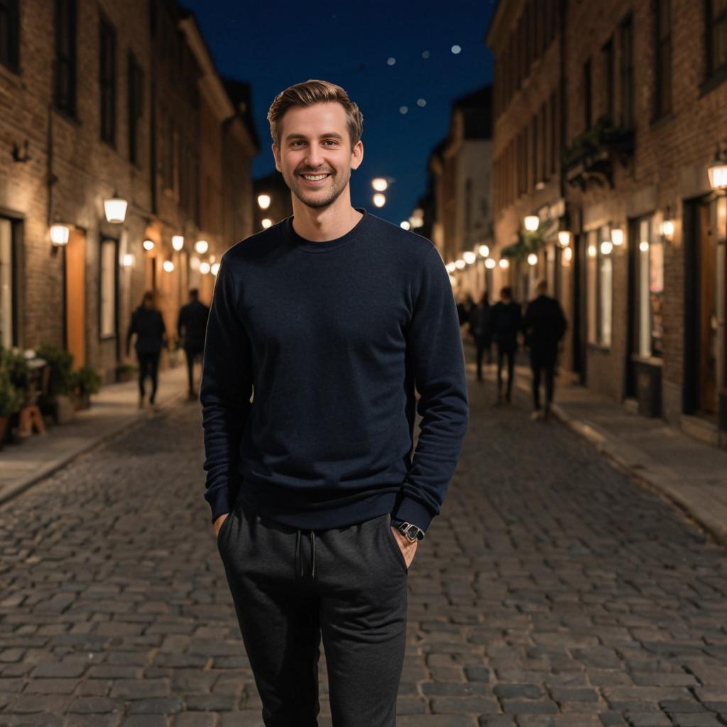 Confident Man on Cobblestone Street at Night