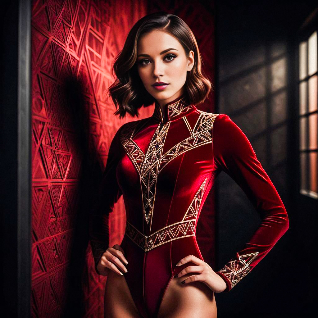Confident Woman in Red Velvet Bodysuit