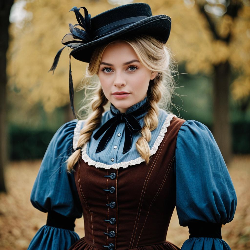 Young Woman in Victorian Costume with Braided Hair and Black Hat Outdoors