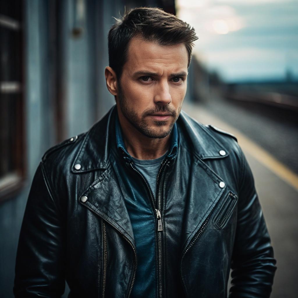 Serious Young Man in Leather Jacket at Train Station