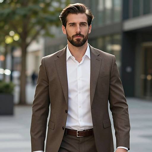 Confident Man in Brown Suit Walking Outdoors in Urban Setting