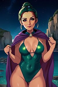 Fantasy Woman in Green Swimsuit with Purple Cape by the Sea at Night