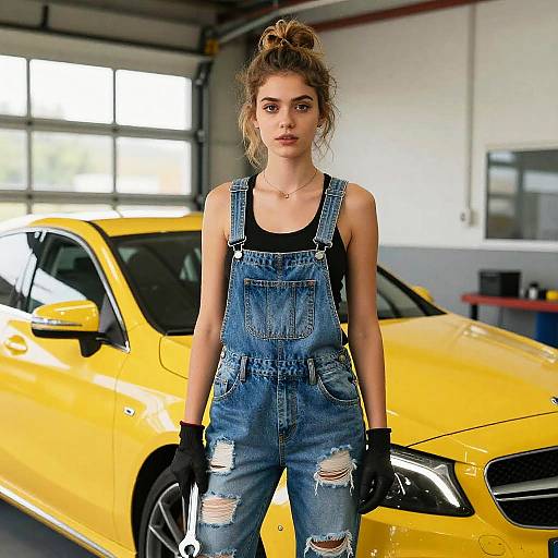 Young Woman Mechanic in Ripped Denim Overalls with Yellow Car in Garage