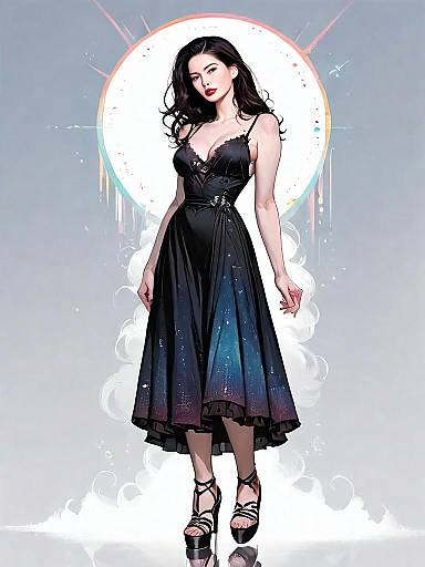 Realistic Comic Style Woman in Evening Galaxy Dress Full Body Illustration