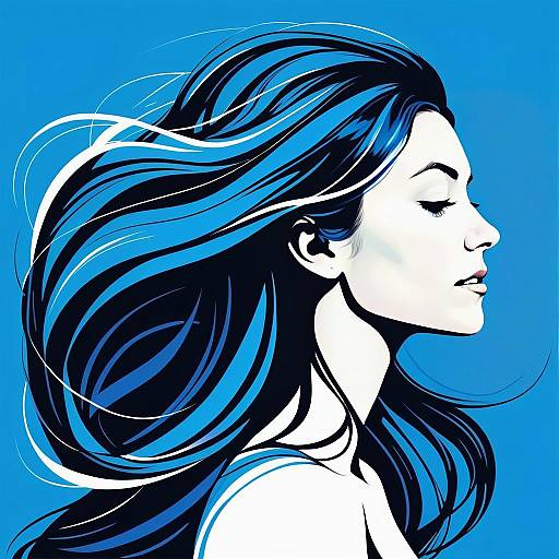 Stylized Digital Illustration of Woman with Flowing Blue Hair