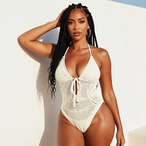 Stylish Woman in White Crochet Swimsuit by White Wall