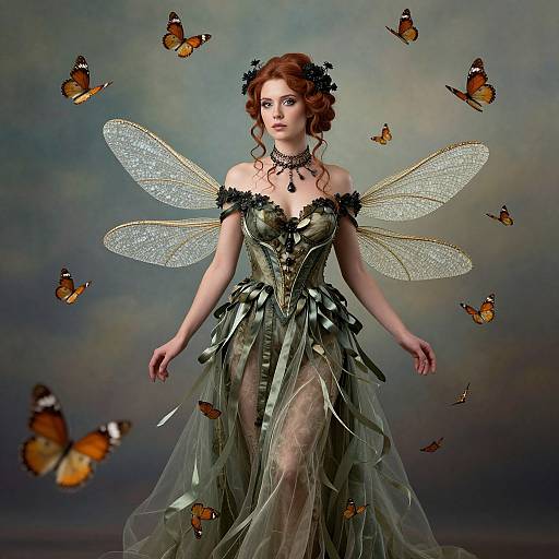 Red-Haired Woman in Fantasy Fairy Costume with Butterfly Wings