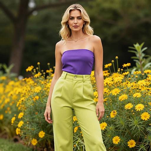 Trendy Woman in Purple Top and Lime Green Pants Standing Among Yellow Flowers