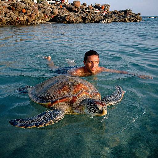 Man Swimming with Sea Turtle in Clear Coastal Water