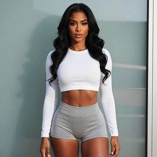 Confident Woman in White Crop Top and Grey Shorts Fitness Outfit
